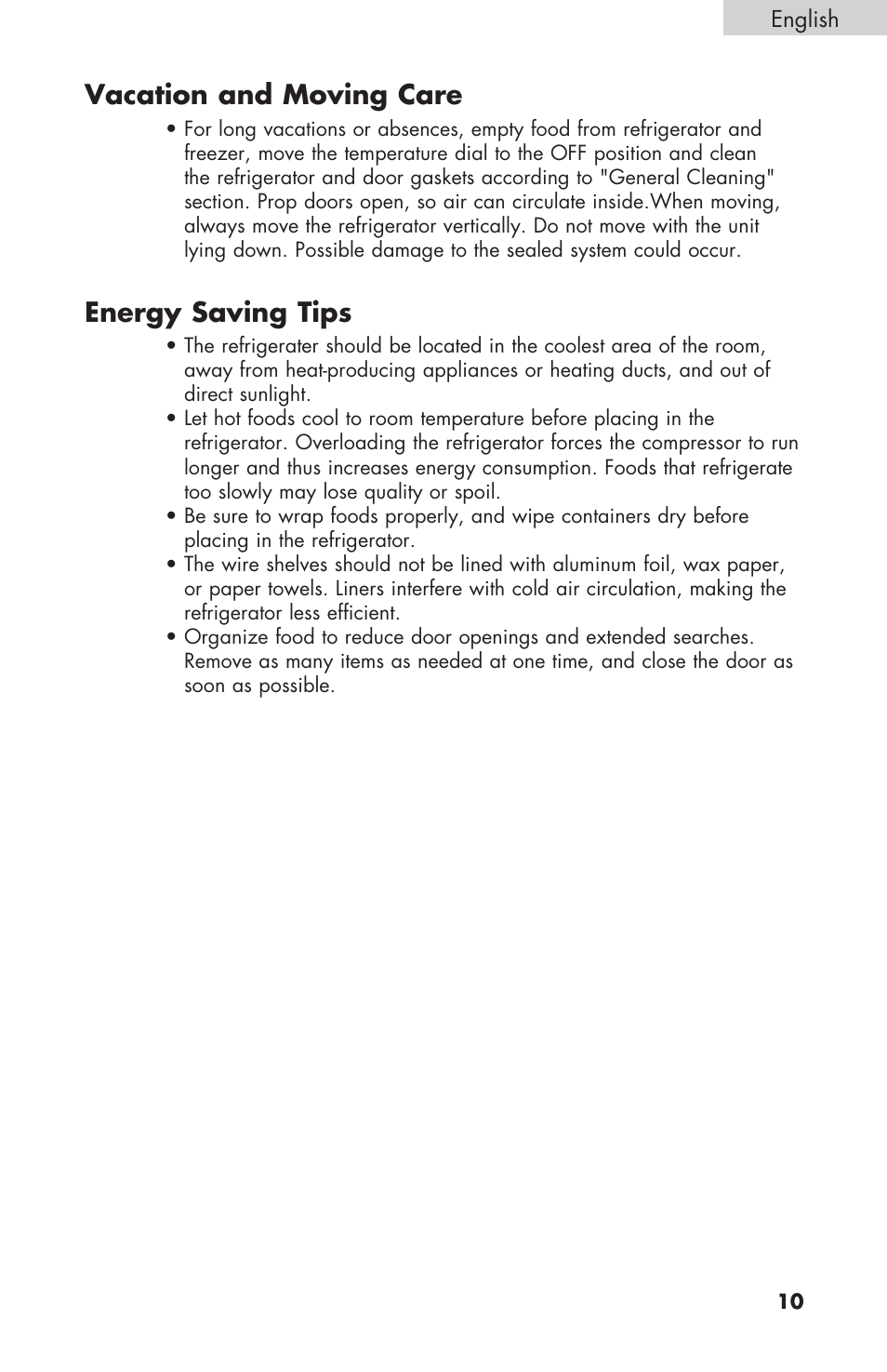 Vacation and moving care, Energy saving tips | haier BCF27B User Manual | Page 11 / 40