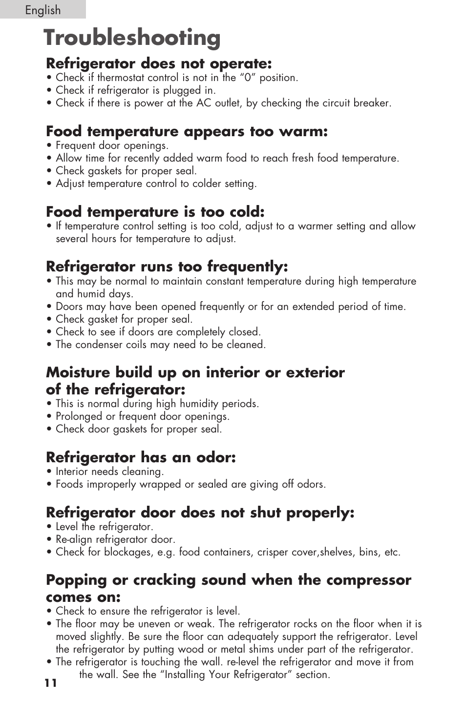 Troubleshooting, Refrigerator does not operate, Food temperature appears too warm | Food temperature is too cold, Refrigerator runs too frequently, Refrigerator has an odor, Refrigerator door does not shut properly | haier BCF27B User Manual | Page 12 / 40
