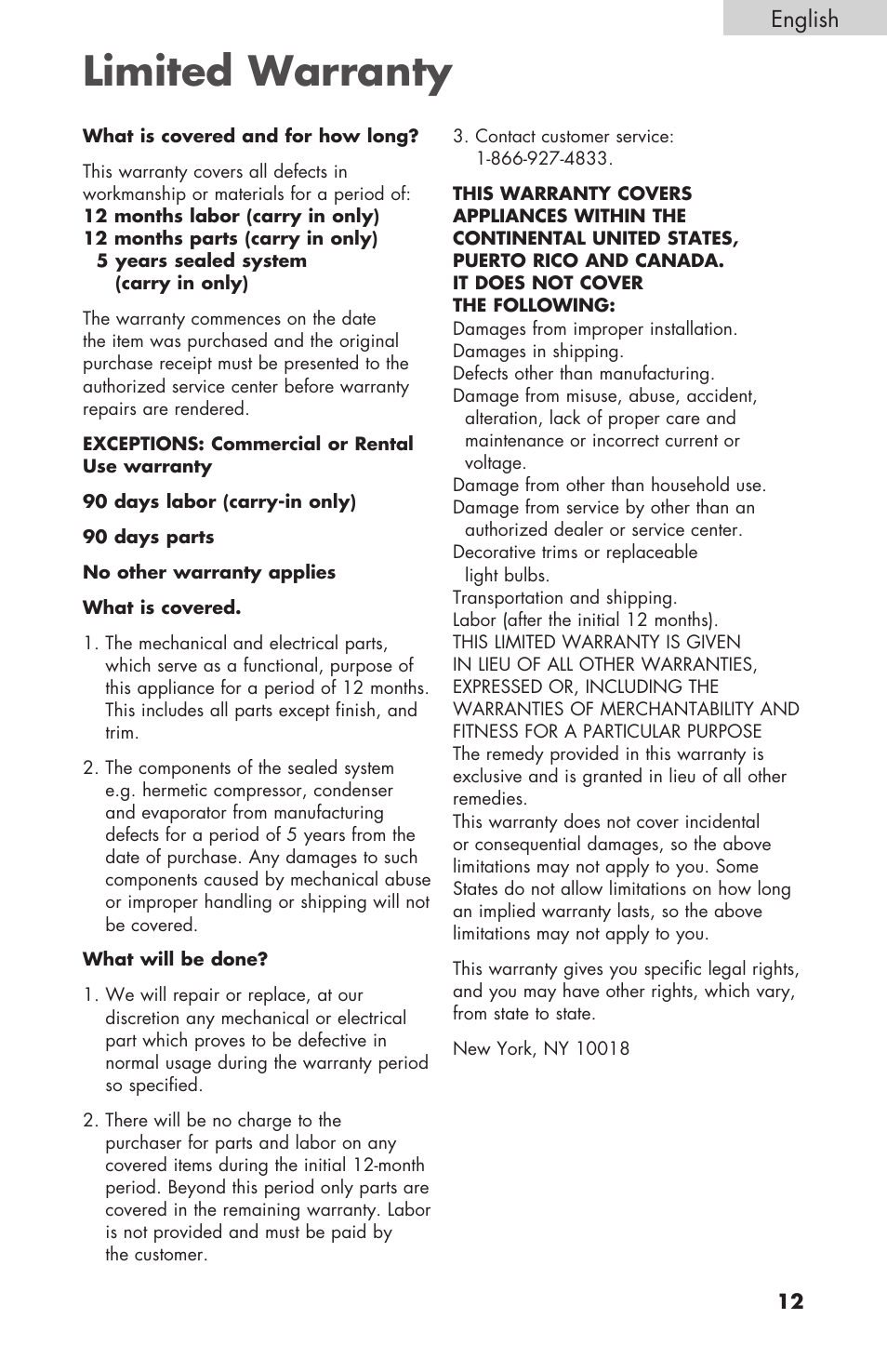 Limited warranty, English | haier BCF27B User Manual | Page 13 / 40