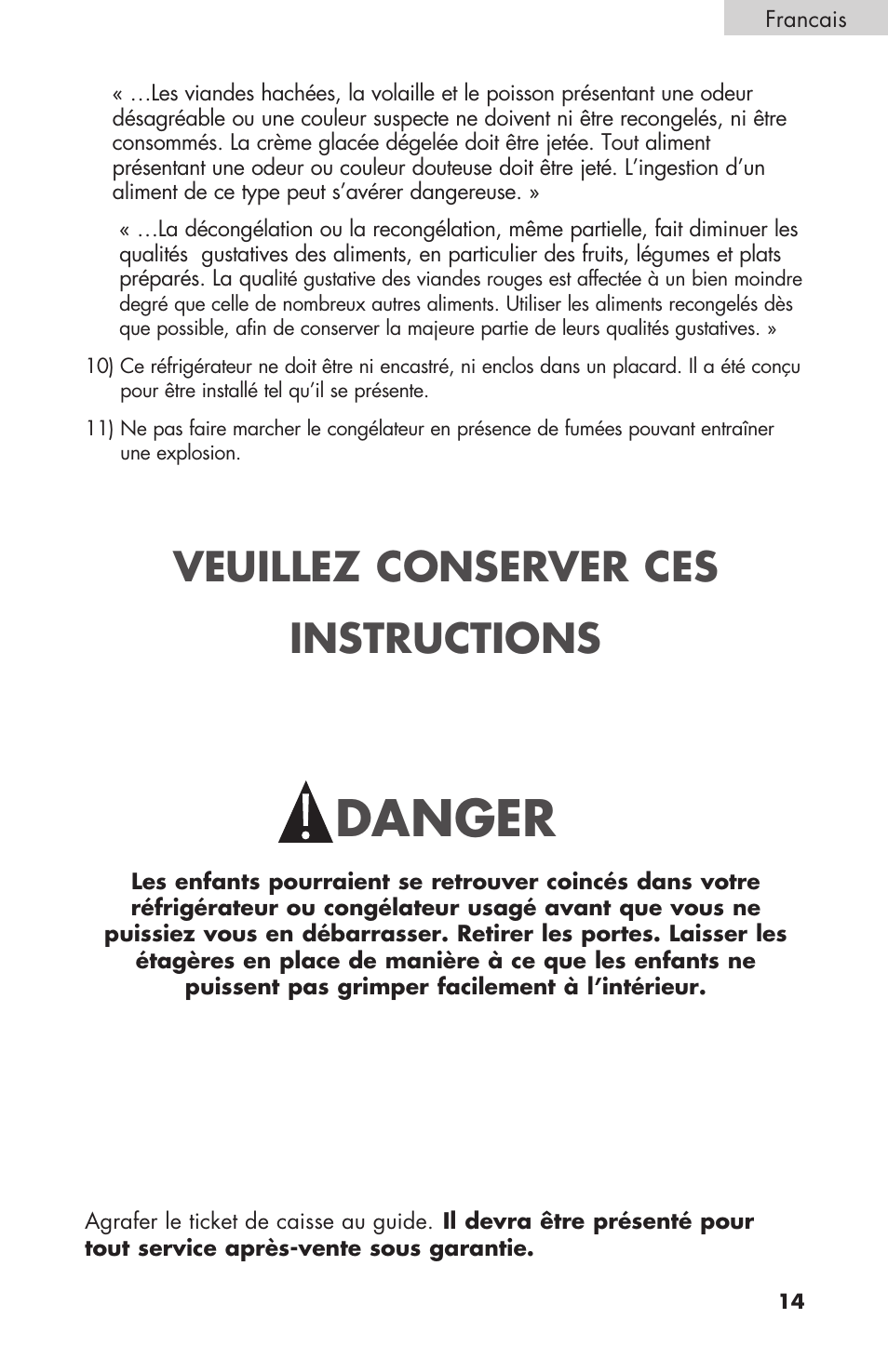 Danger, Consignes générales de securité, Veuillez conserver ces instructions | haier BCF27B User Manual | Page 15 / 40