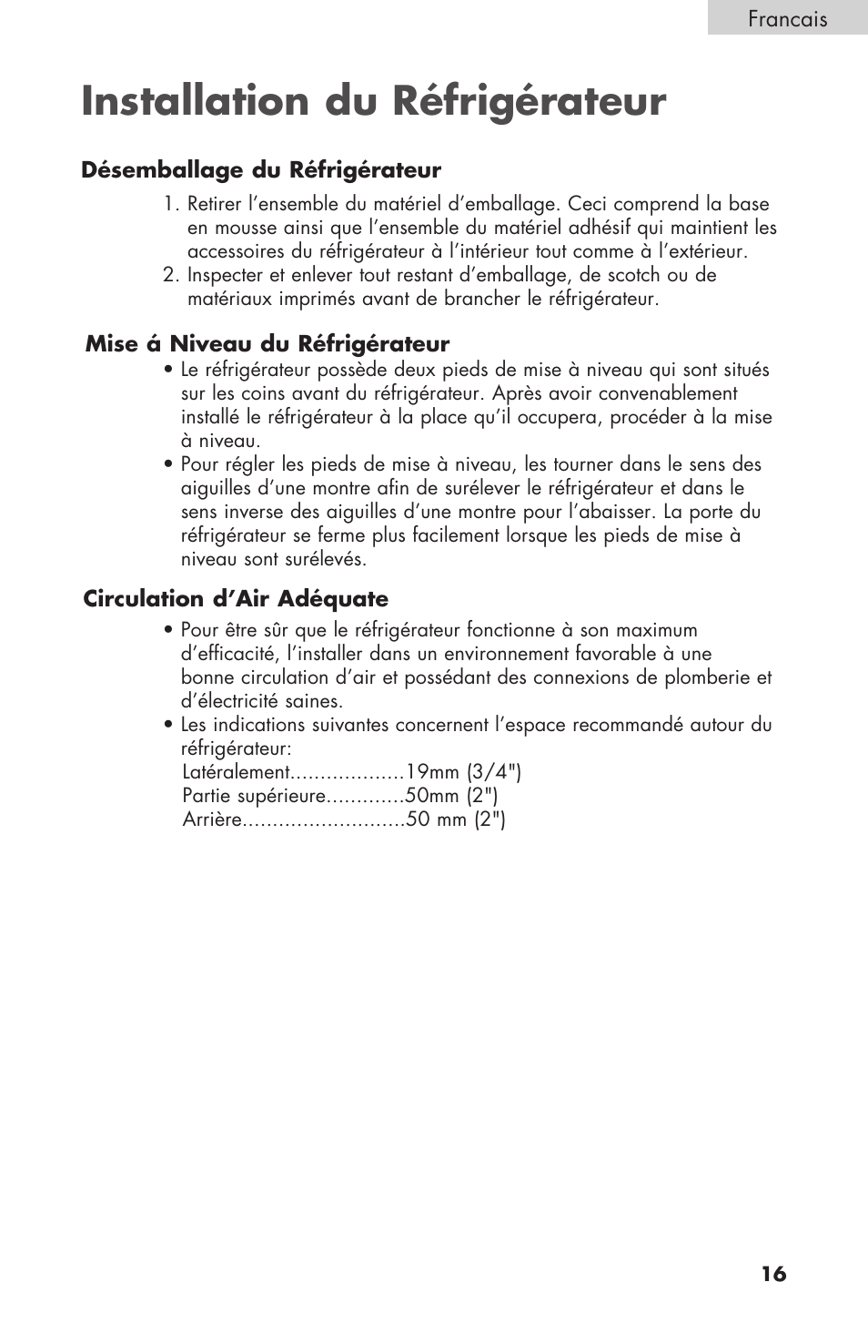 Installation du réfrigérateur | haier BCF27B User Manual | Page 17 / 40