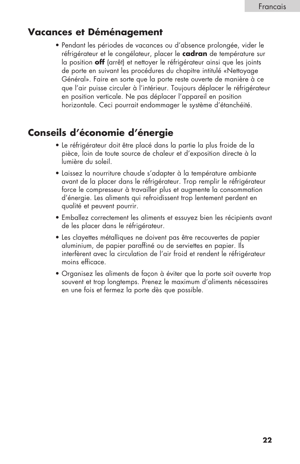 Vacances et déménagement, Conseils d’économie d’énergie | haier BCF27B User Manual | Page 23 / 40