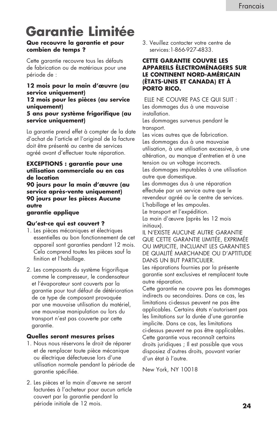 Garantie limitée, Francais | haier BCF27B User Manual | Page 25 / 40