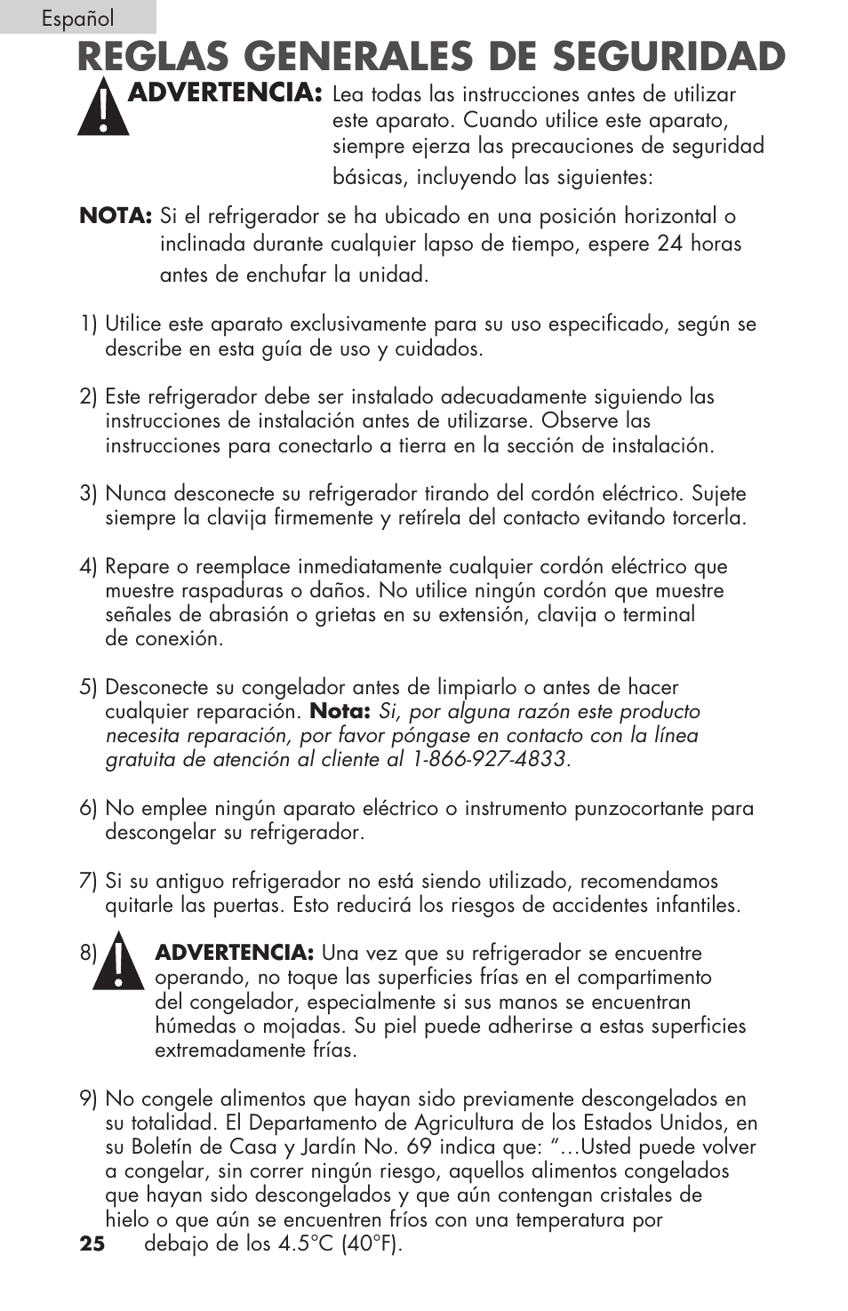 Reglas generales de seguridad, Advertencia | haier BCF27B User Manual | Page 26 / 40