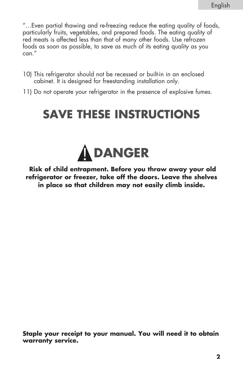 Danger, Save these instructions | haier BCF27B User Manual | Page 3 / 40