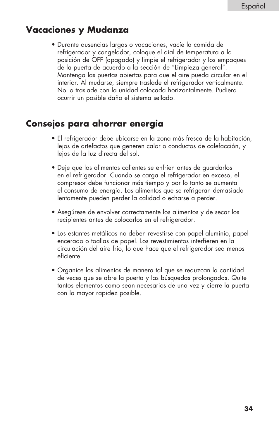 Vacaciones y mudanza, Consejos para ahorrar energía | haier BCF27B User Manual | Page 35 / 40