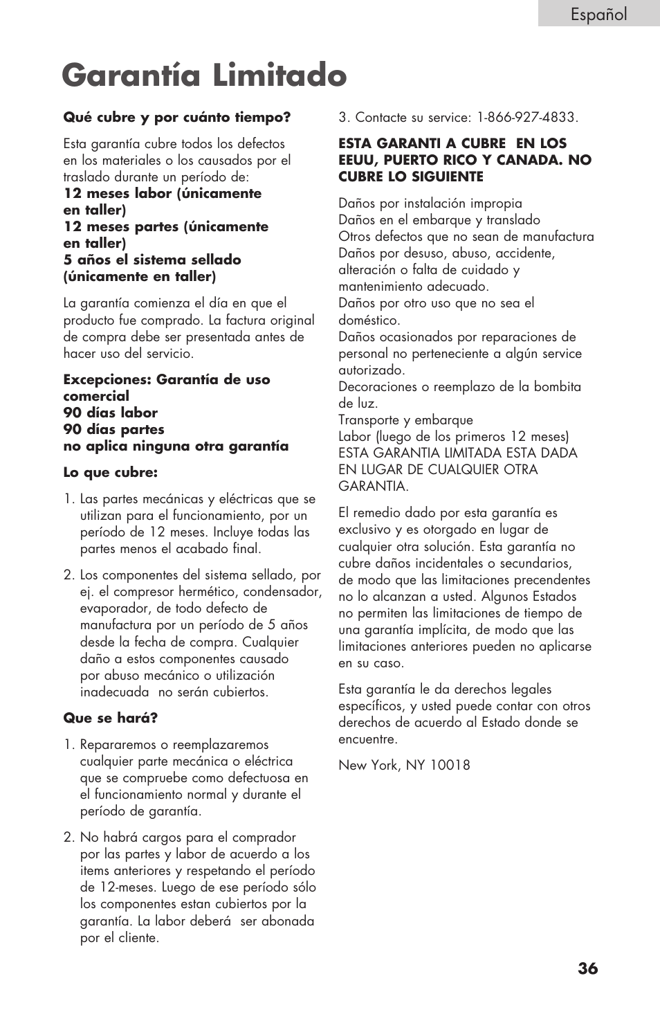 Garantía limitado, Español | haier BCF27B User Manual | Page 37 / 40