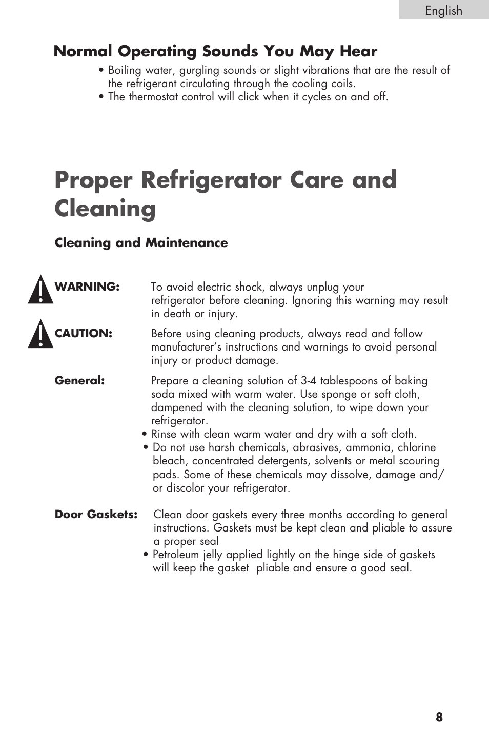 Proper refrigerator care and cleaning, Normal operating sounds you may hear | haier BCF27B User Manual | Page 9 / 40