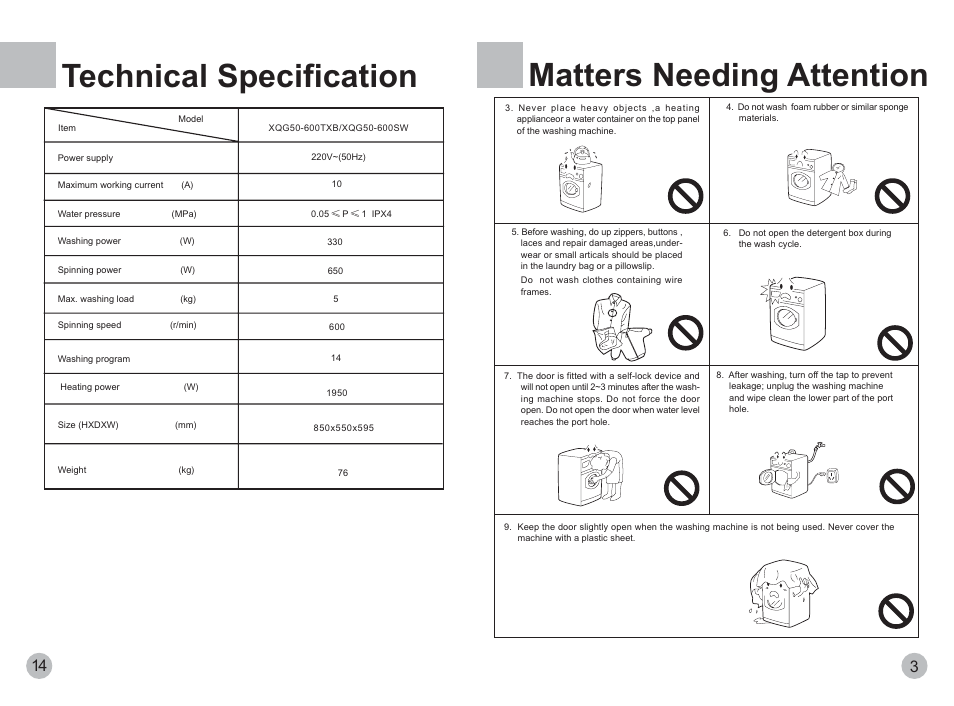 Matters needing attention, Technical specification | haier XQG50-600TXB User Manual | Page 5 / 10