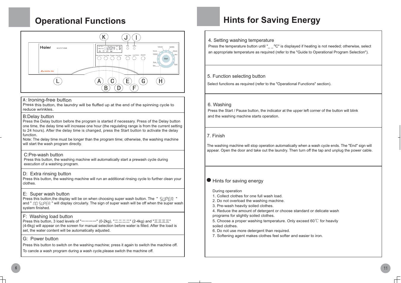Operational functions, Hints for saving energy | haier HK1270TVEME User Manual | Page 8 / 10