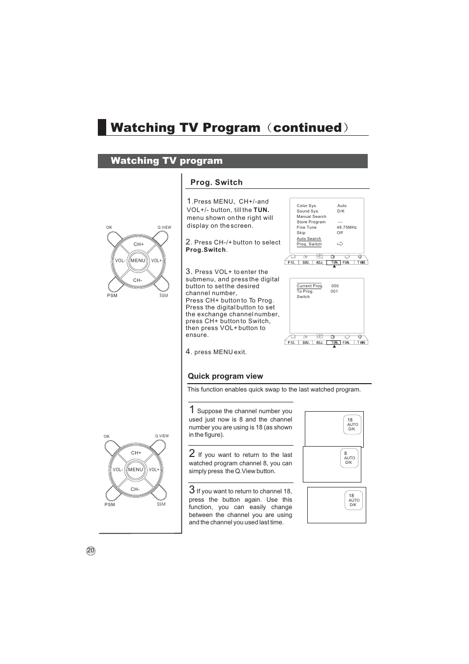 Watching tv program continued, Watching tv program, Quick program view | Prog. switch 1 | haier L32A9 -AK User Manual | Page 23 / 53