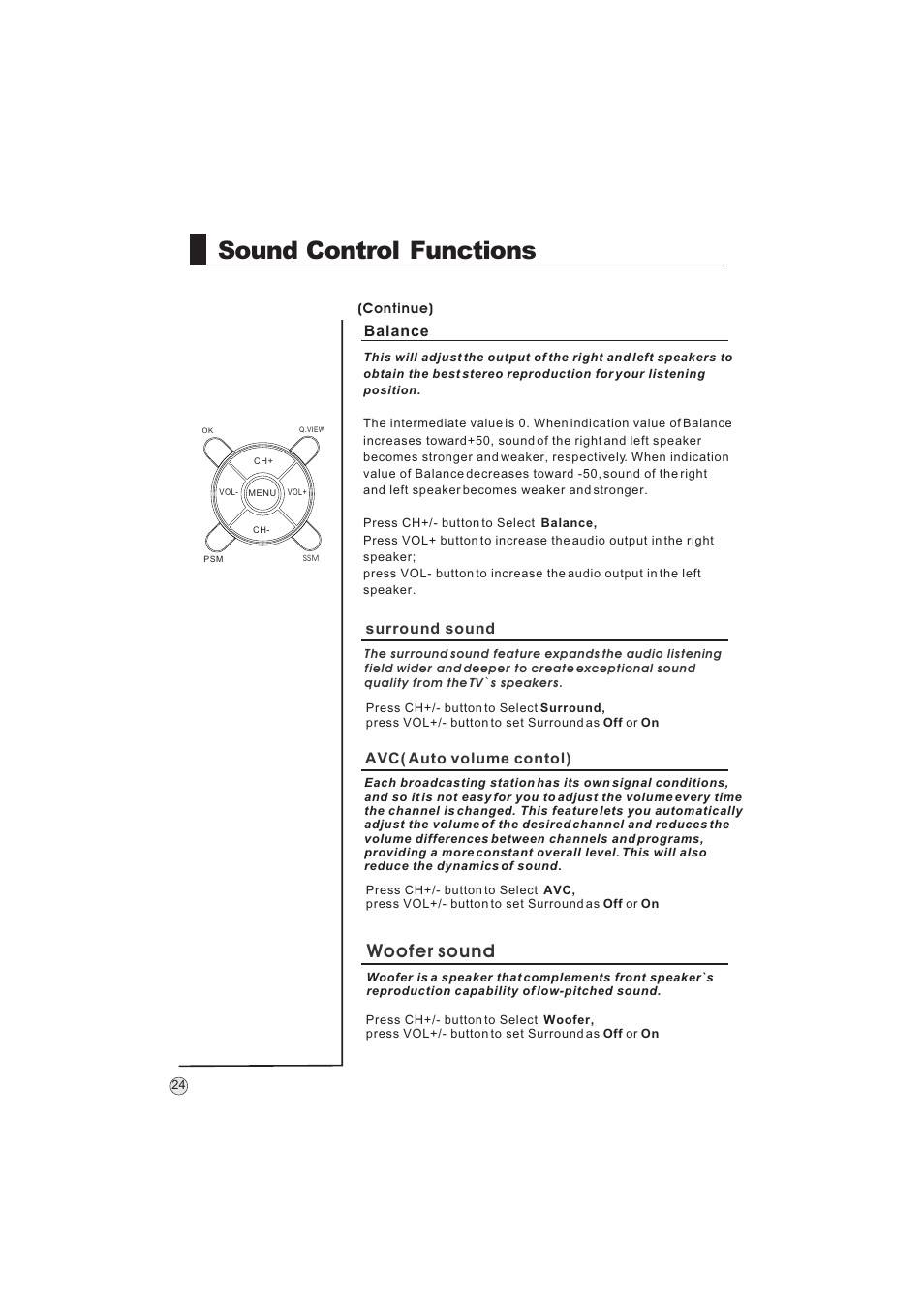 Sound control functions, Woofer sound, Surround sound balance | Avc( auto volume contol) | haier L32A9 -AK User Manual | Page 27 / 53
