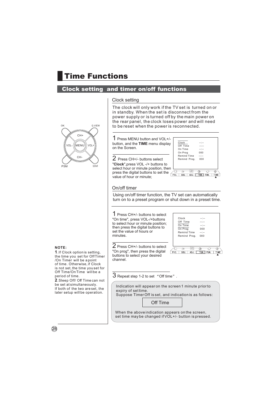 Time functions, Clock setting and timer on/off functions, On/off timer clock setting | Off time | haier L32A9 -AK User Manual | Page 29 / 53