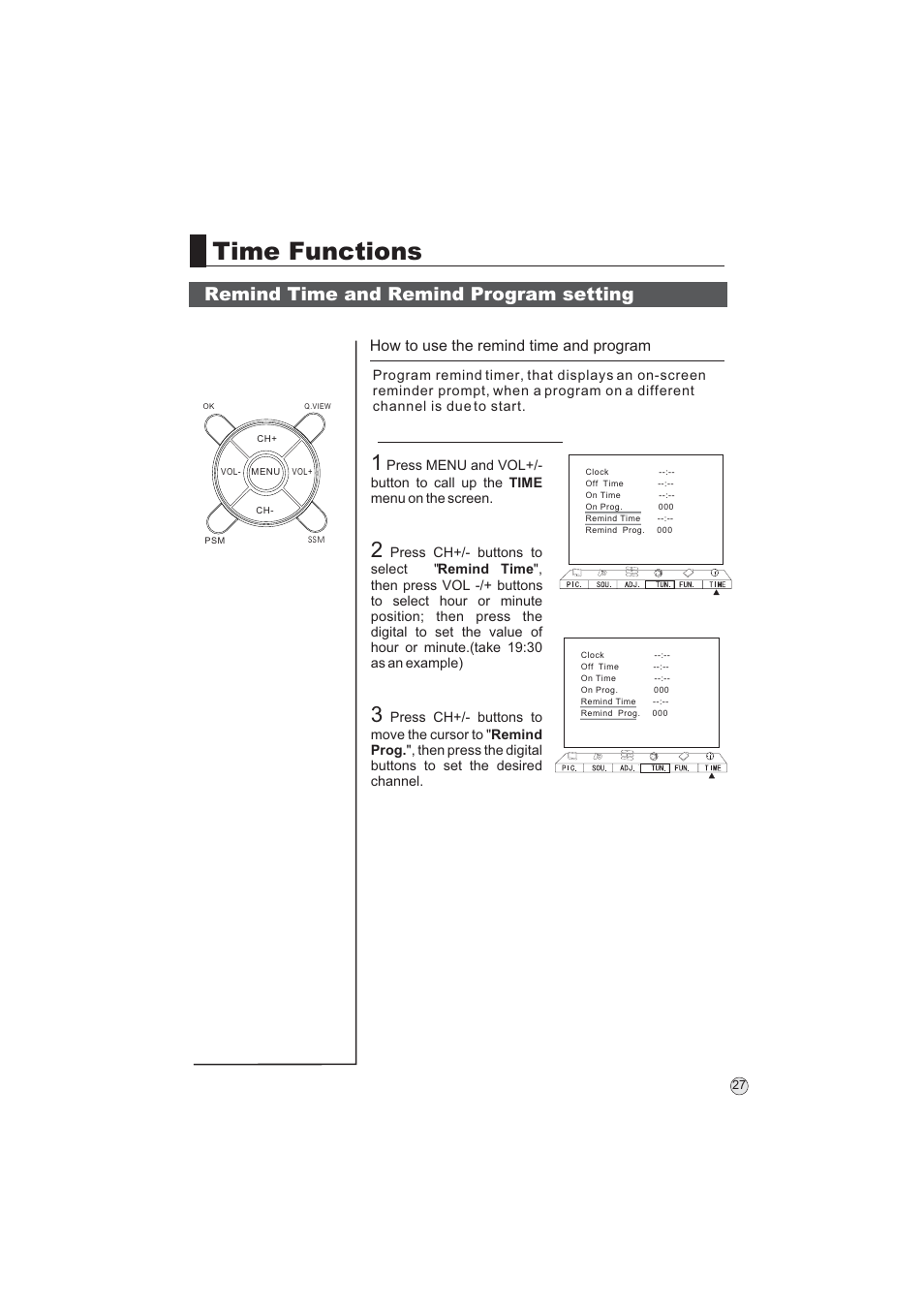 Time functions, Remind time and remind program setting, How to use the remind time and program | haier L32A9 -AK User Manual | Page 30 / 53