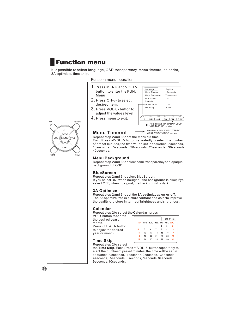 Function menu, Menu timeout, Menu background | Bluescreen, 3a optimize, Calendar, Time skip, Function menu operation | haier L32A9 -AK User Manual | Page 31 / 53