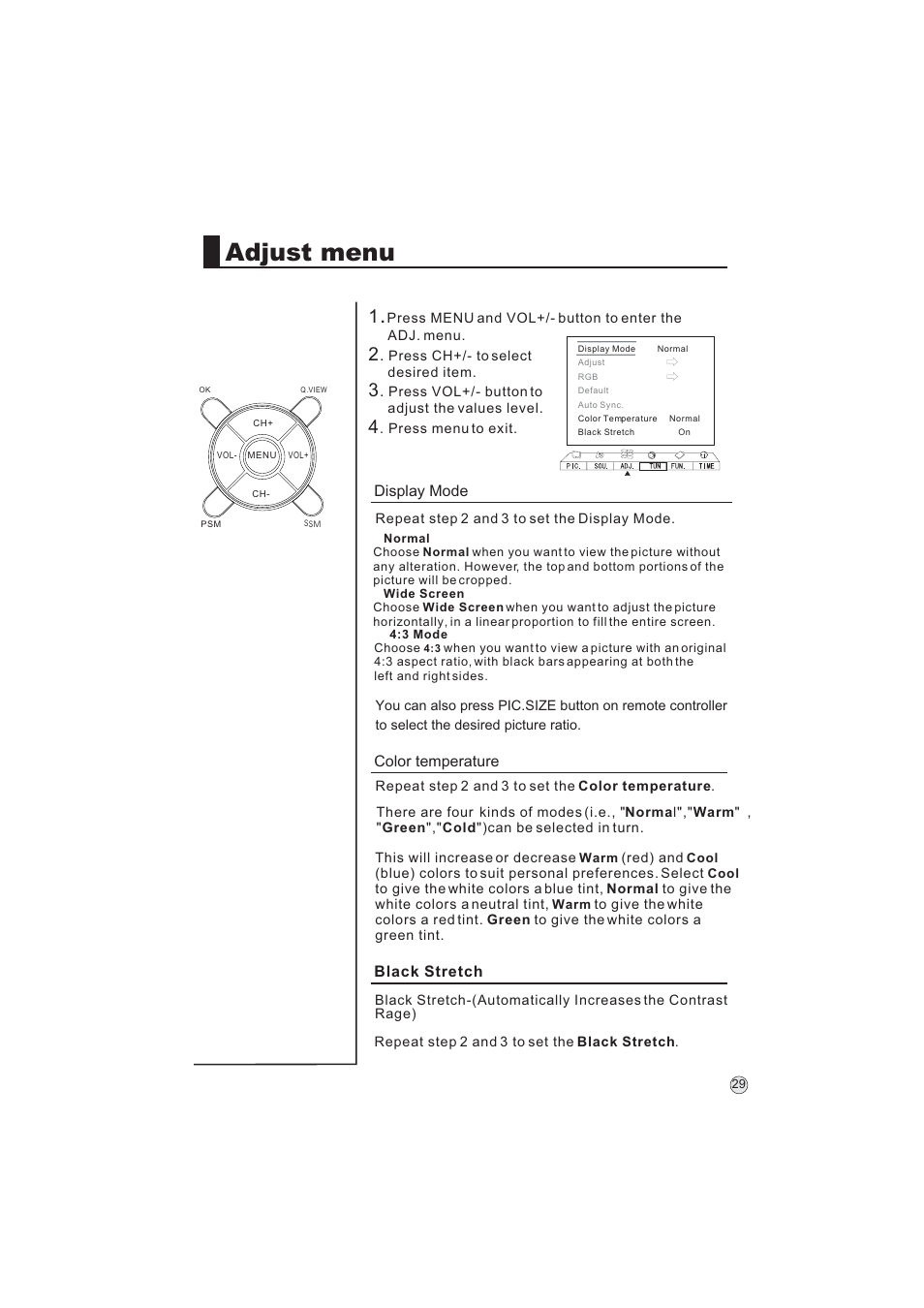 Adjust menu, Display mode, Color temperature | Black stretch | haier L32A9 -AK User Manual | Page 32 / 53