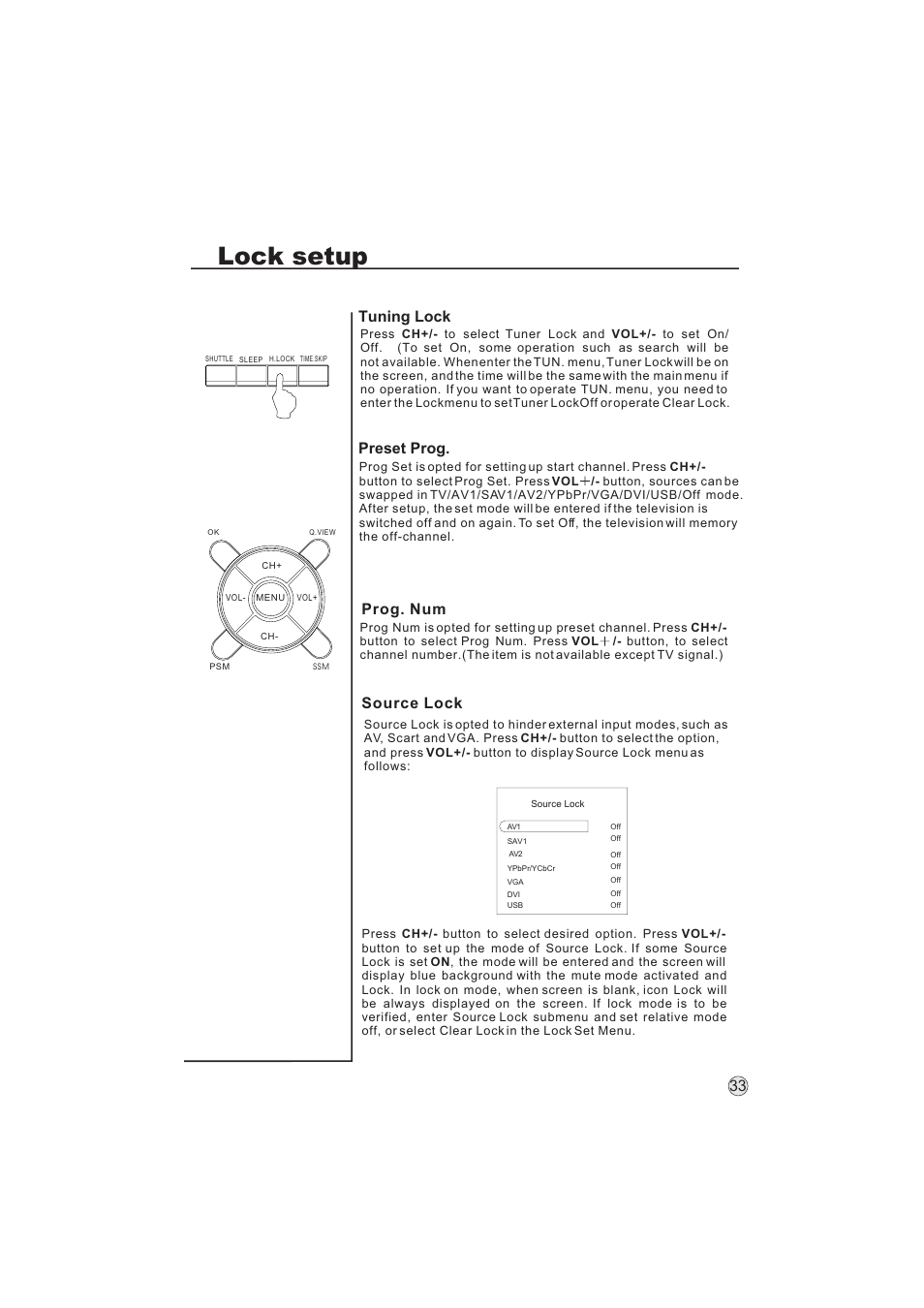 Lock setup, Prog. num, Source lock | Preset prog, Tuning lock | haier L32A9 -AK User Manual | Page 36 / 53