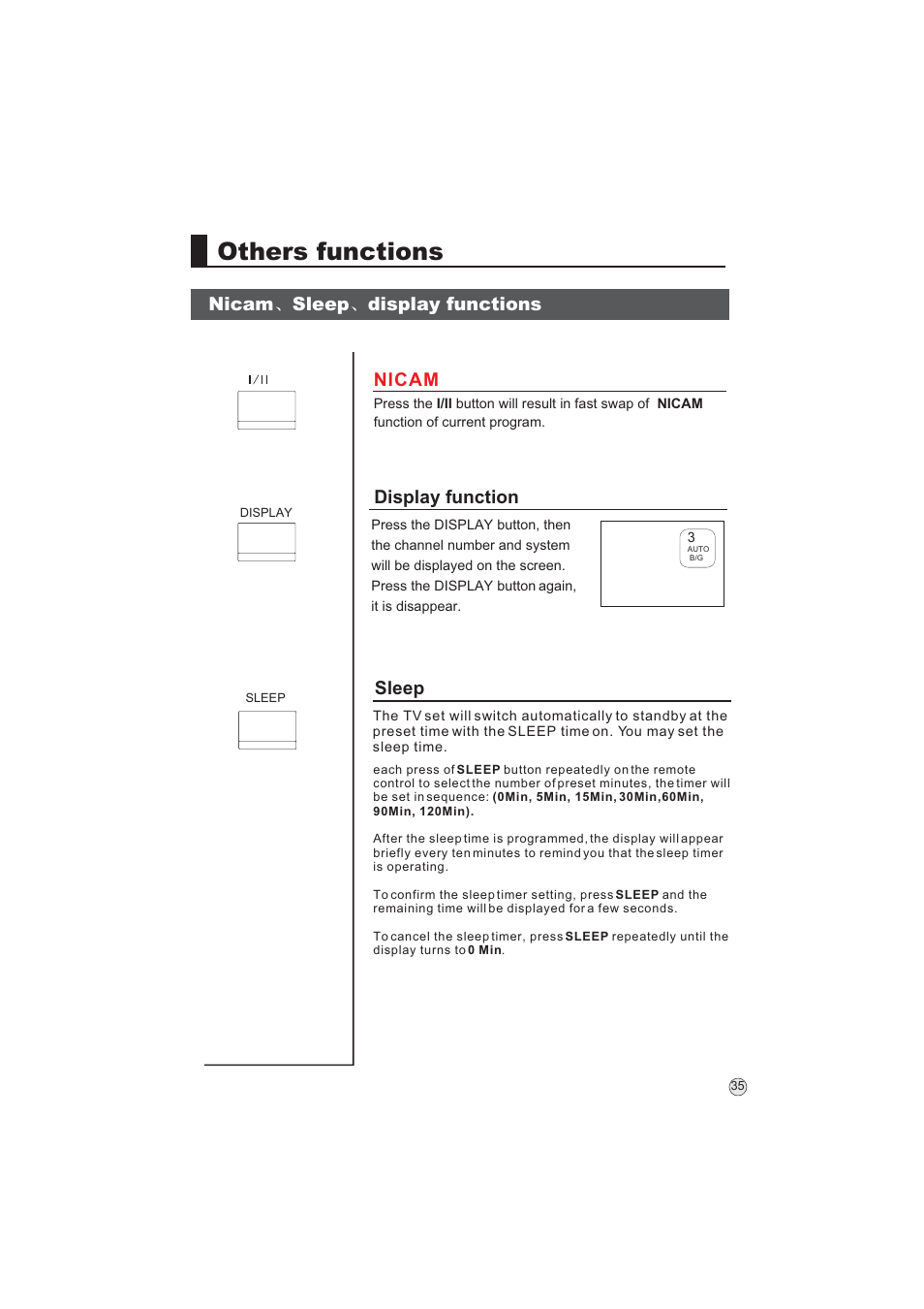 Others functions, Nicam sleep display functions display function, Nicam | Sleep | haier L32A9 -AK User Manual | Page 38 / 53