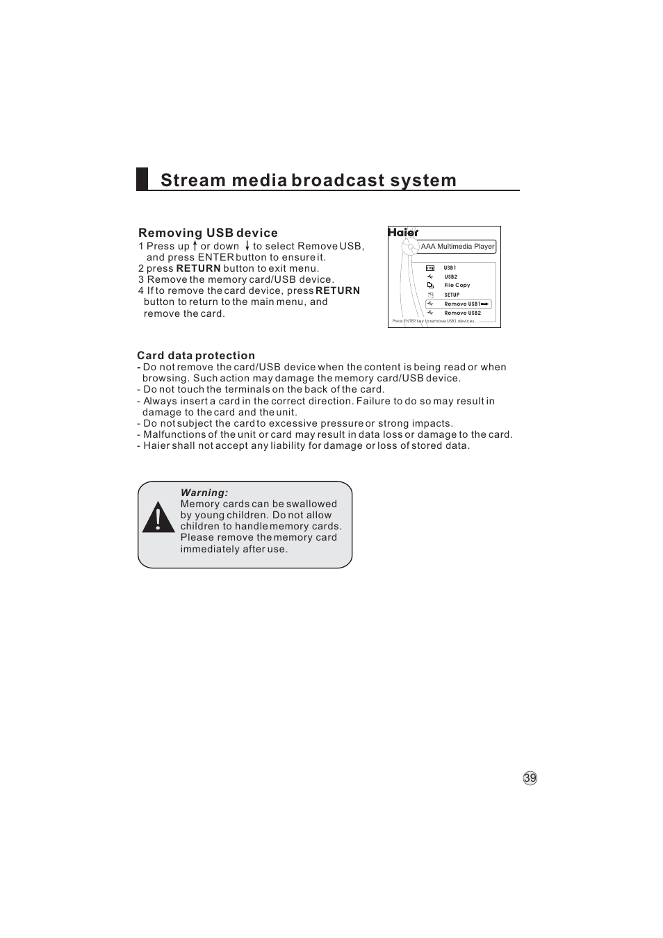 Stream media broadcast system, Removing usb device, Card data protection | haier L32A9 -AK User Manual | Page 42 / 53