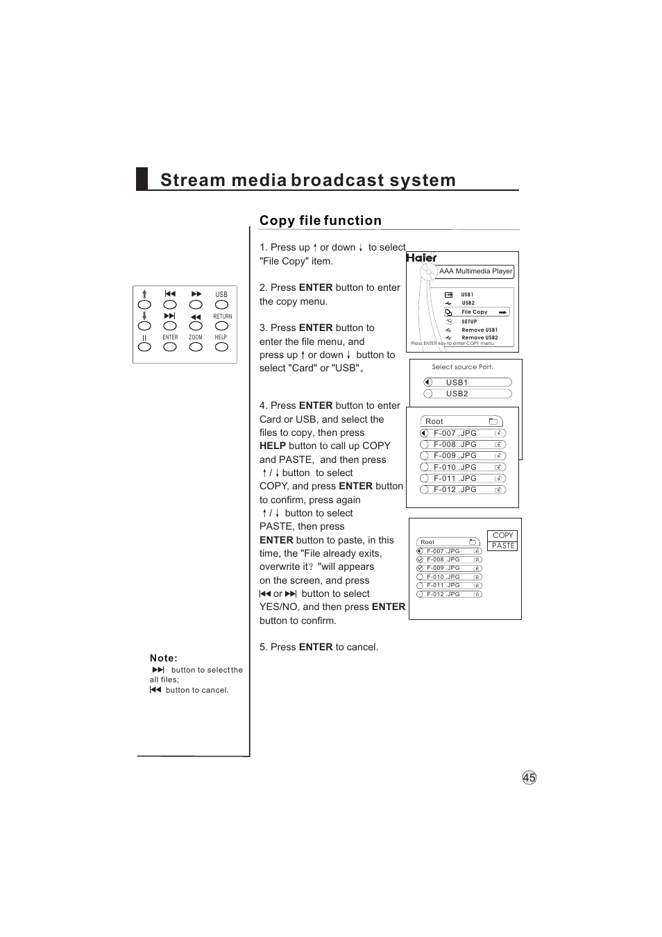 Stream media broadcast system, Copy file function | haier L32A9 -AK User Manual | Page 48 / 53