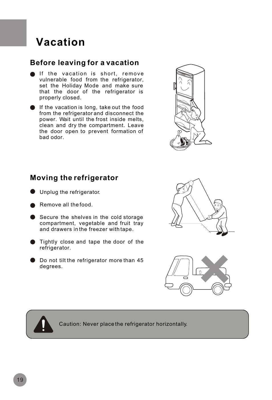 Т³гж 21, Vacation, Before leaving for a vacation | Moving the refrigerator | haier HRF-516FKA User Manual | Page 21 / 26