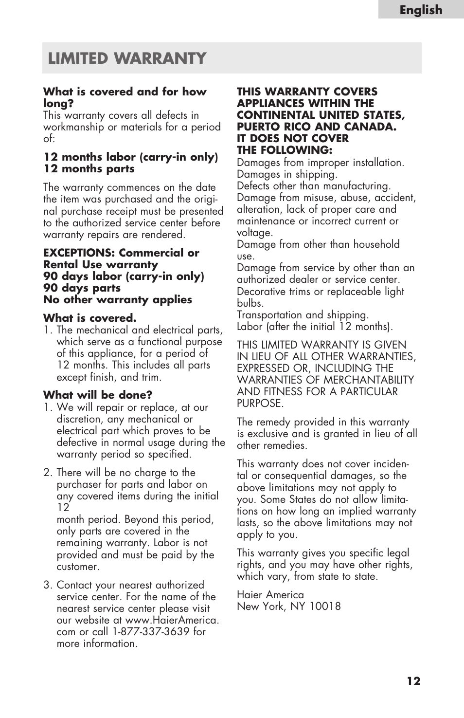 Limited warranty | haier WDNS32BW User Manual | Page 13 / 38