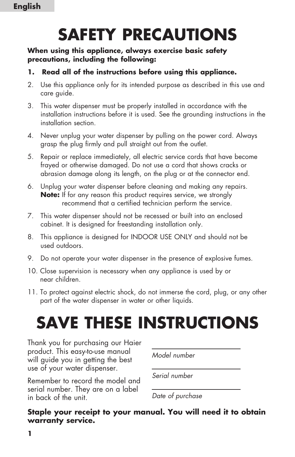 Safety precautions, Save these instructions | haier WDNS32BW User Manual | Page 2 / 38