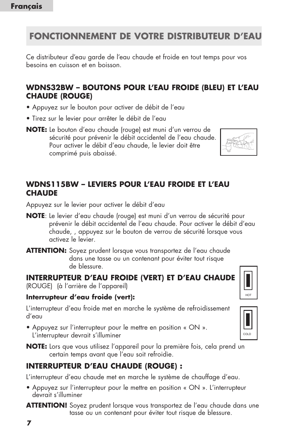 Hot cold, Fonctionnement de votre distributeur d’eau, Interrupteur d’eau froide (vert) et d’eau chaude | Interrupteur d’eau chaude (rouge), Français | haier WDNS32BW User Manual | Page 20 / 38