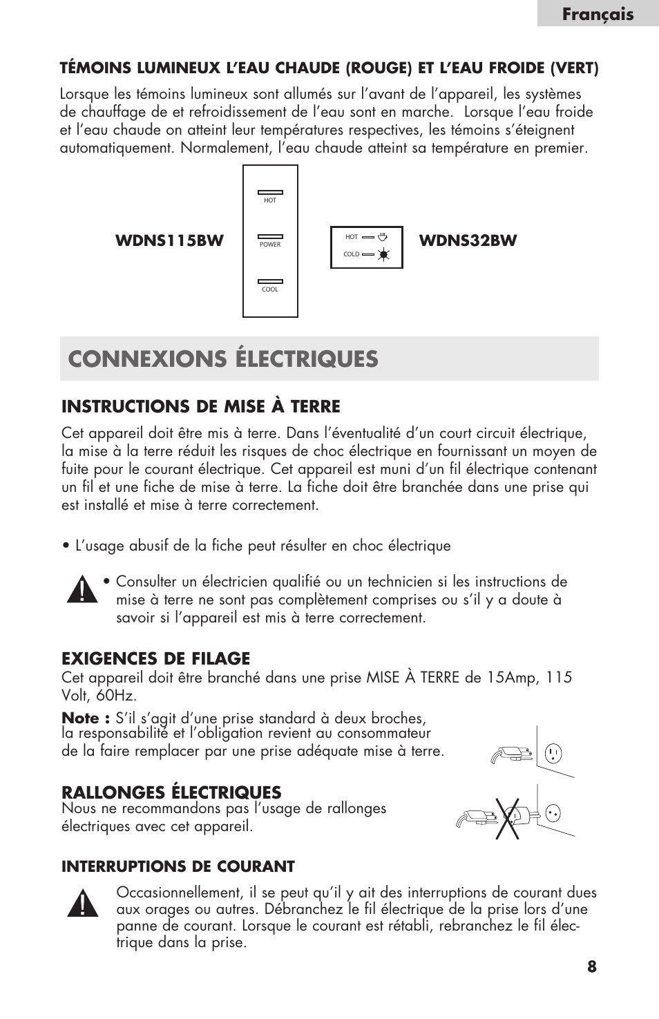 Connexions électriques, Instructions de mise à terre, Exigences de filage | Rallonges électriques, Français | haier WDNS32BW User Manual | Page 21 / 38