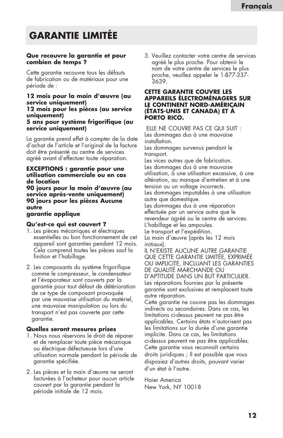 Garantie limitée, Français | haier WDNS32BW User Manual | Page 25 / 38