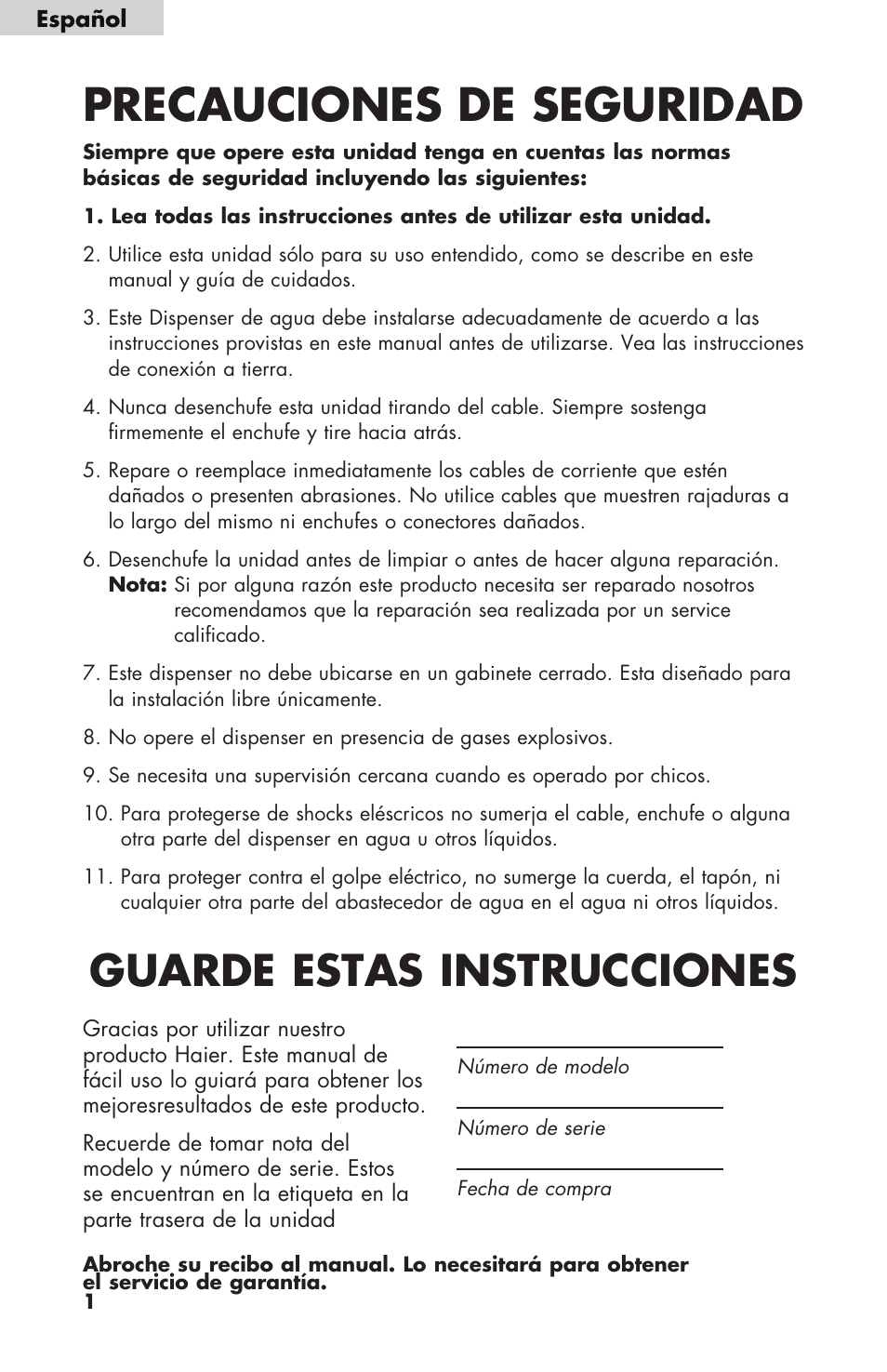 Precauciones de seguridad, Guarde estas instrucciones | haier WDNS32BW User Manual | Page 26 / 38