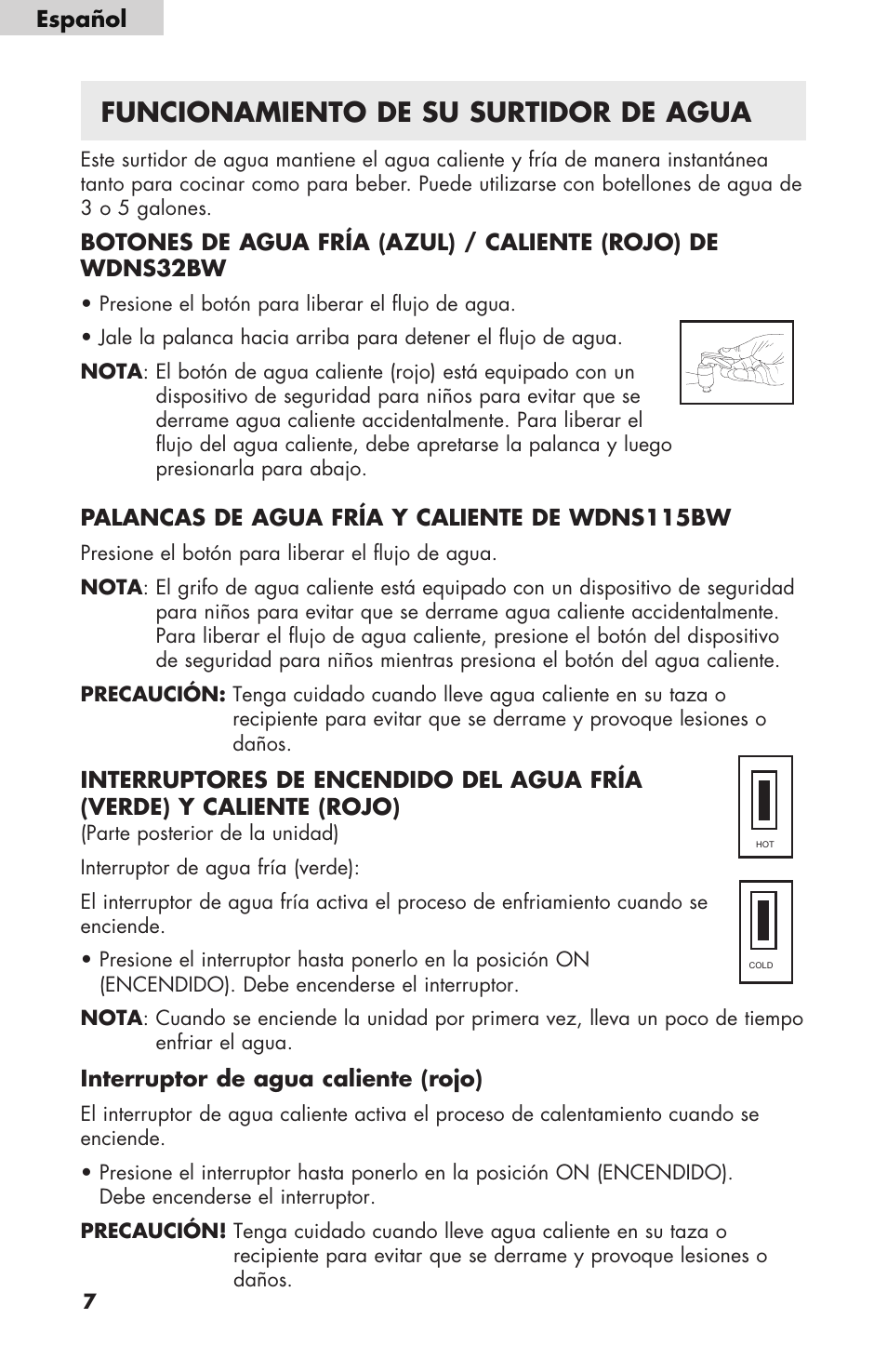 Hot cold, Funcionamiento de su surtidor de agua | haier WDNS32BW User Manual | Page 32 / 38