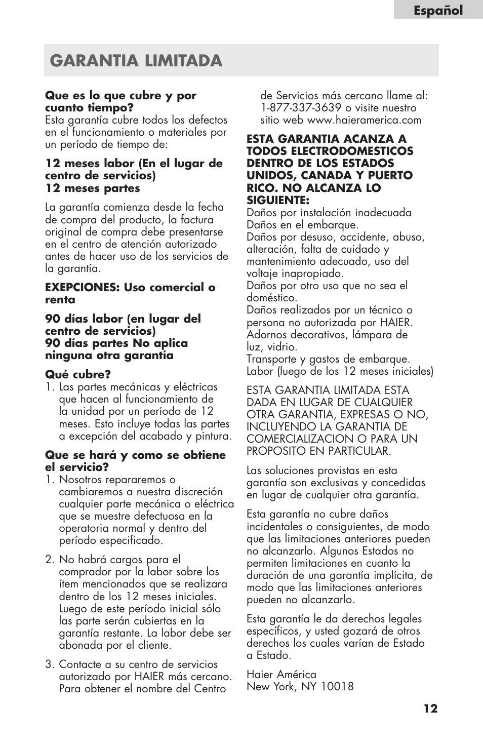 Garantia limitada | haier WDNS32BW User Manual | Page 37 / 38