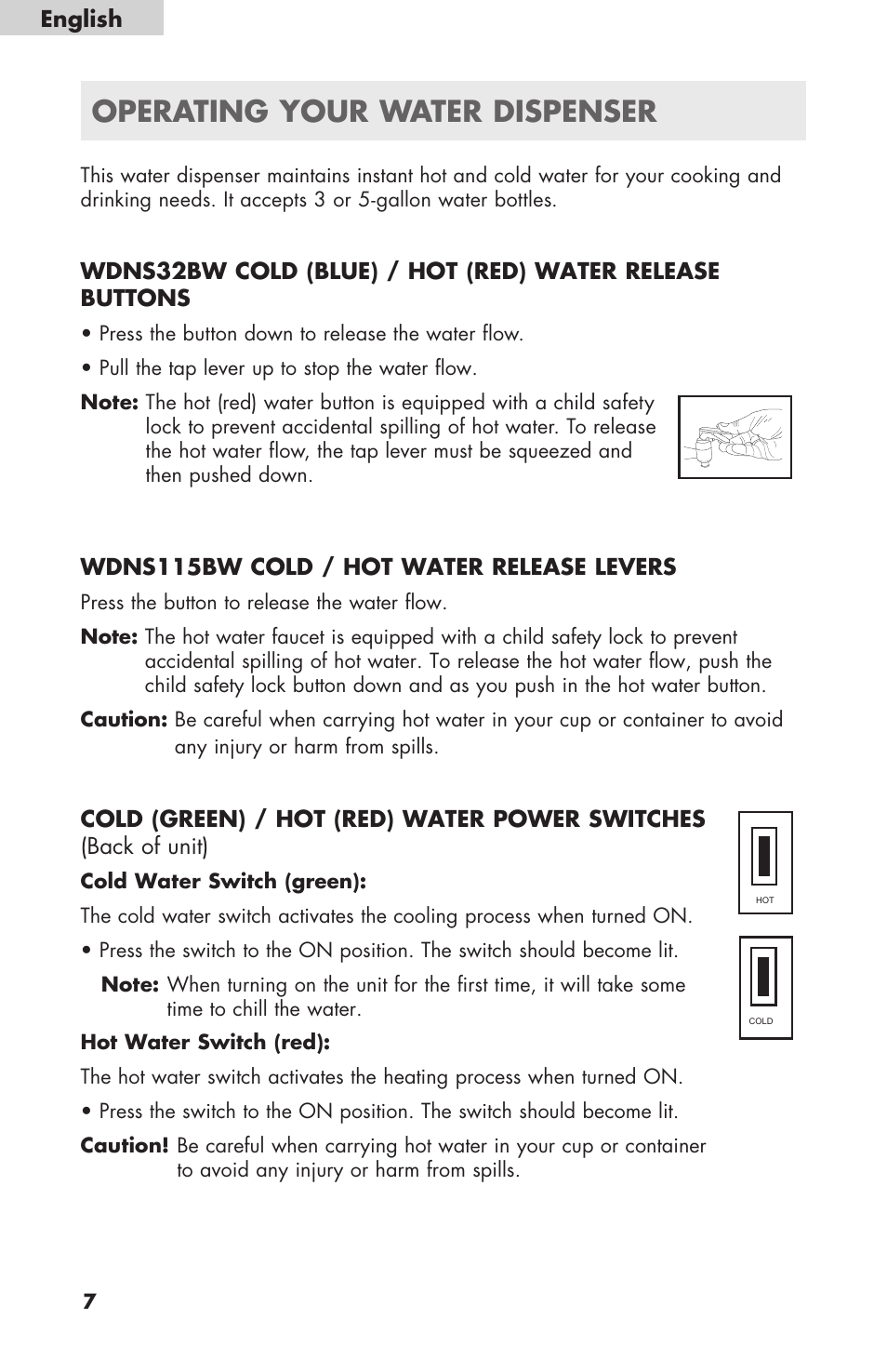 Operating your water dispenser, Hot cold, Wdns115bw cold / hot water release levers | English | haier WDNS32BW User Manual | Page 8 / 38