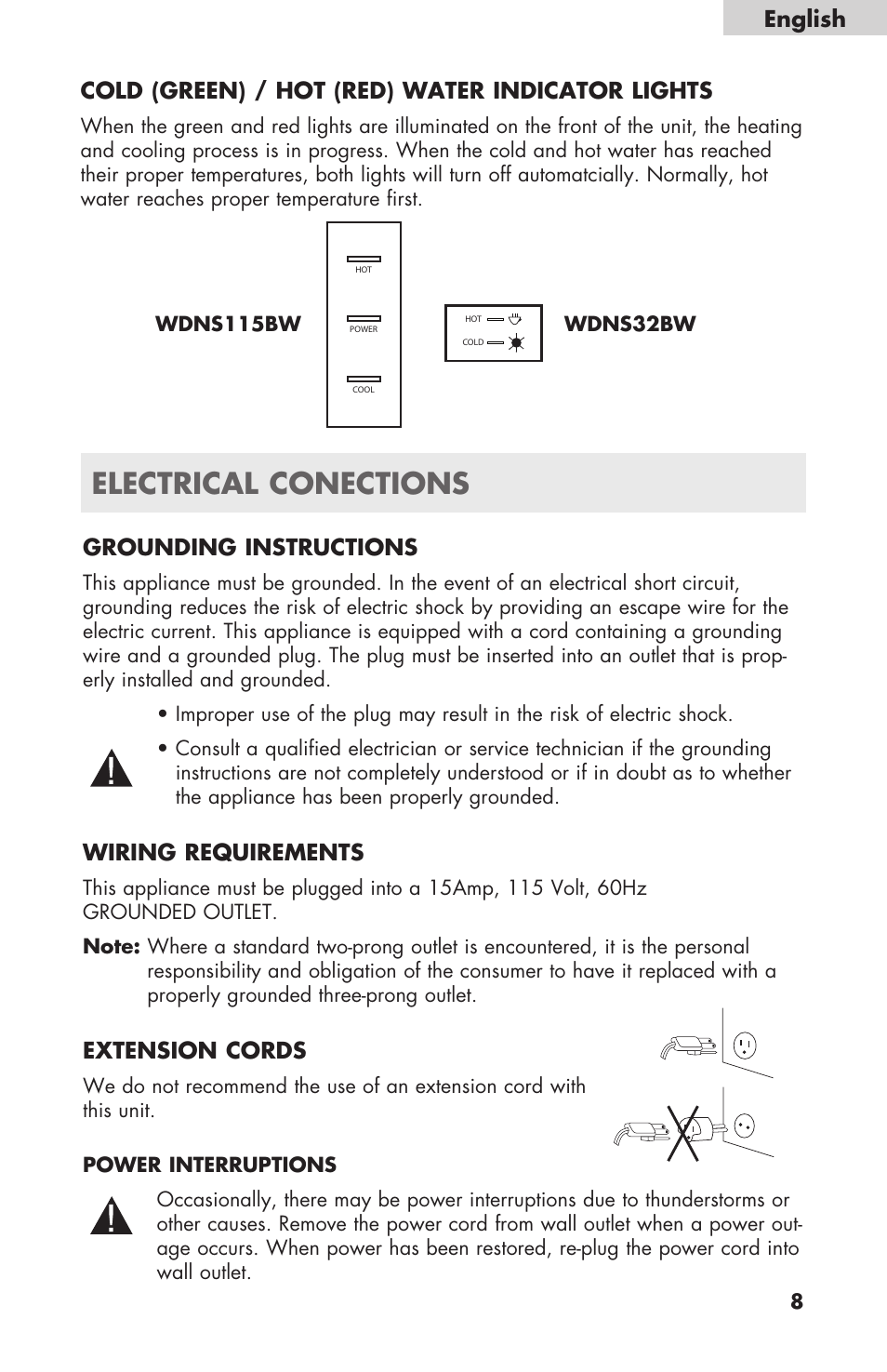 Electrical conections, Grounding instructions, Wiring requirements | Extension cords, English, Cold (green) / hot (red) water indicator lights | haier WDNS32BW User Manual | Page 9 / 38