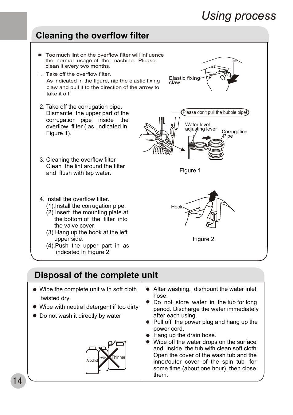 Using process, Cleaning the overflow filter, Disposal of the complete unit | haier XPB50-AS User Manual | Page 16 / 20