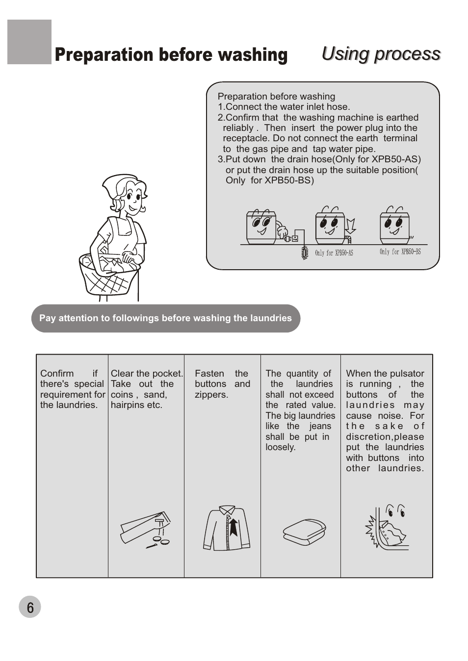 Using process, Using process preparation before washing | haier XPB50-AS User Manual | Page 8 / 20