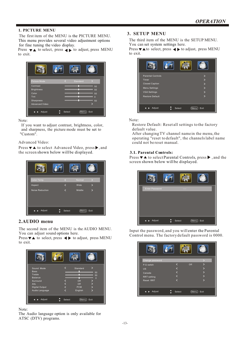 Т³гж 14, Operation, Audio menu | Setup menu, Picture menu | haier L22B1120 User Manual | Page 14 / 21