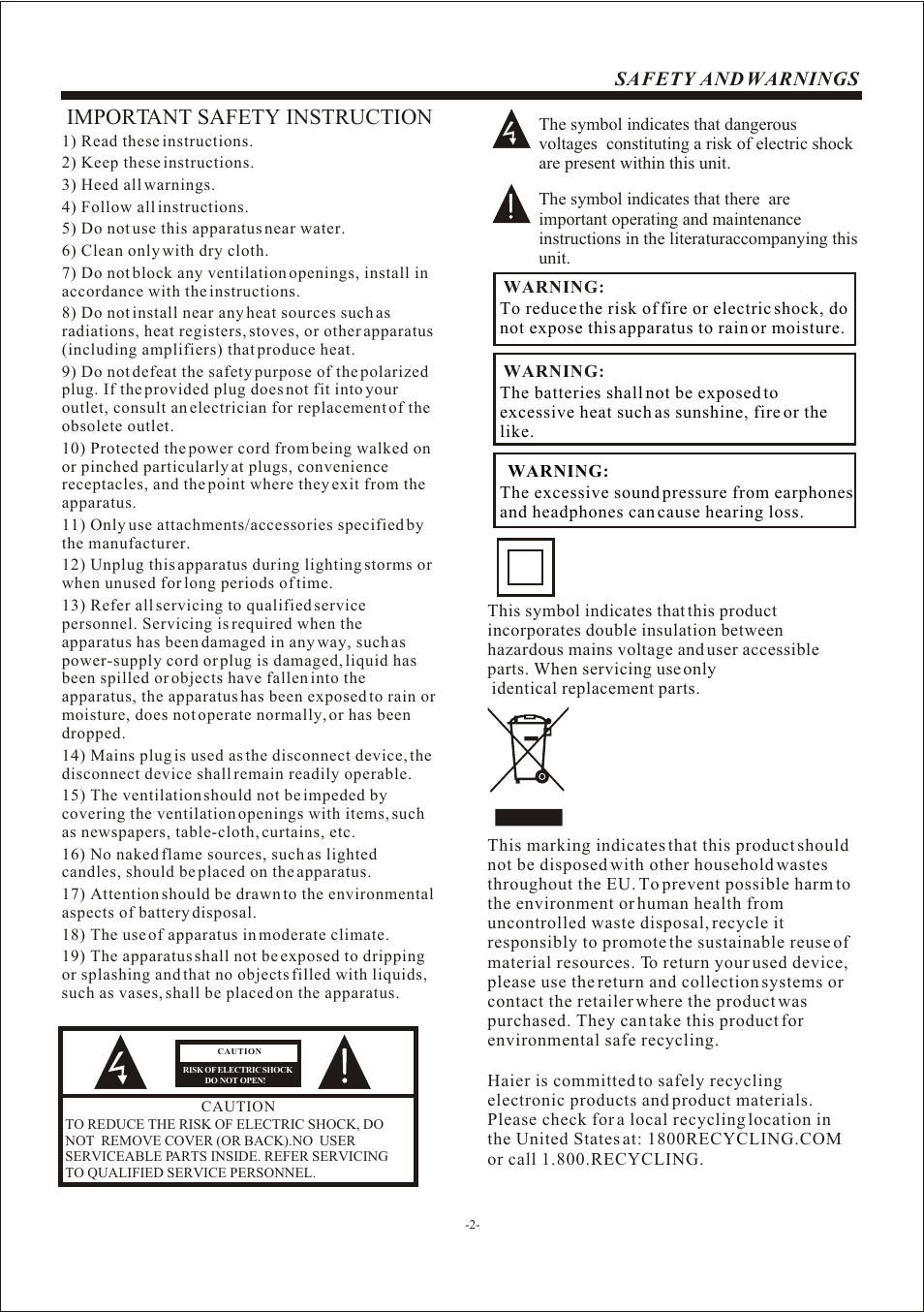 Т³гж 3, Important safety instruction | haier L22B1120 User Manual | Page 3 / 21