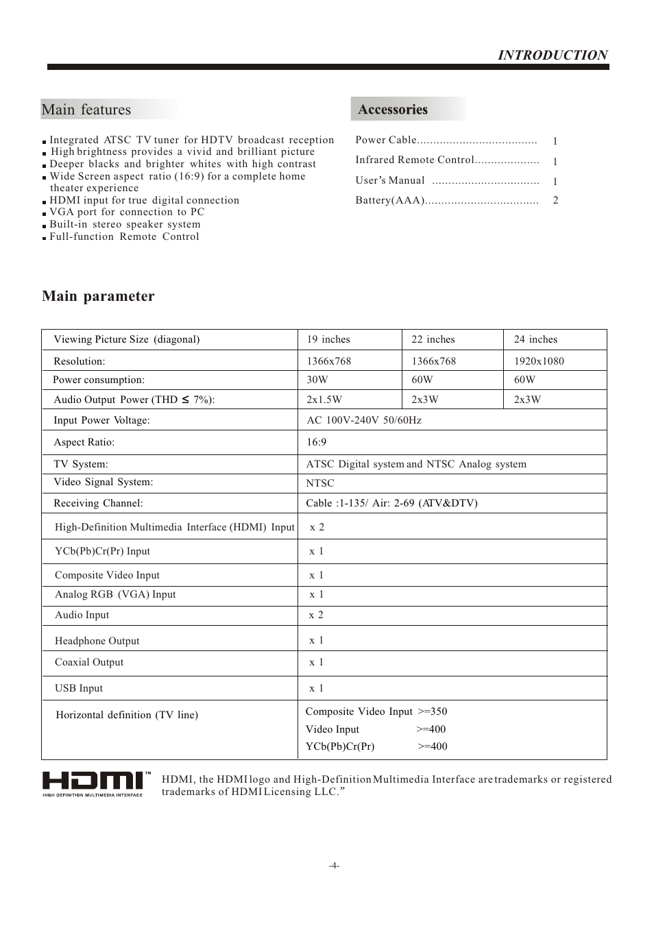 Т³гж 5, Main features, Main parameter | Introduction, Accessories | haier L22B1120 User Manual | Page 5 / 21