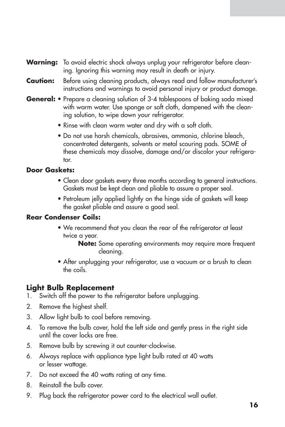 Proper refrigerator care and cleaning | haier 16 User Manual | Page 17 / 60