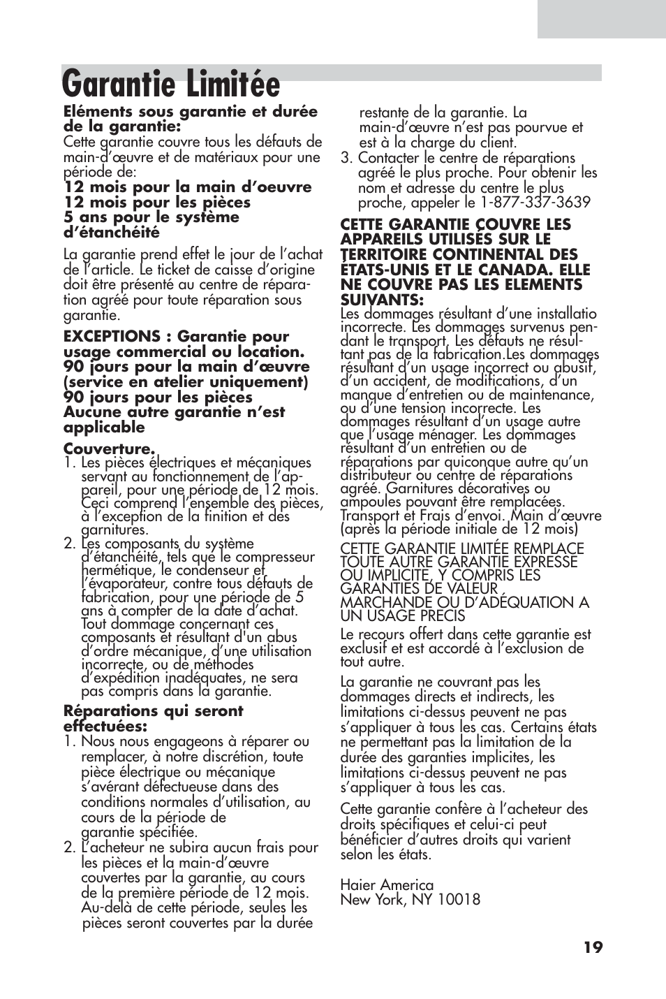 Garantie limitée | haier 16 User Manual | Page 39 / 60