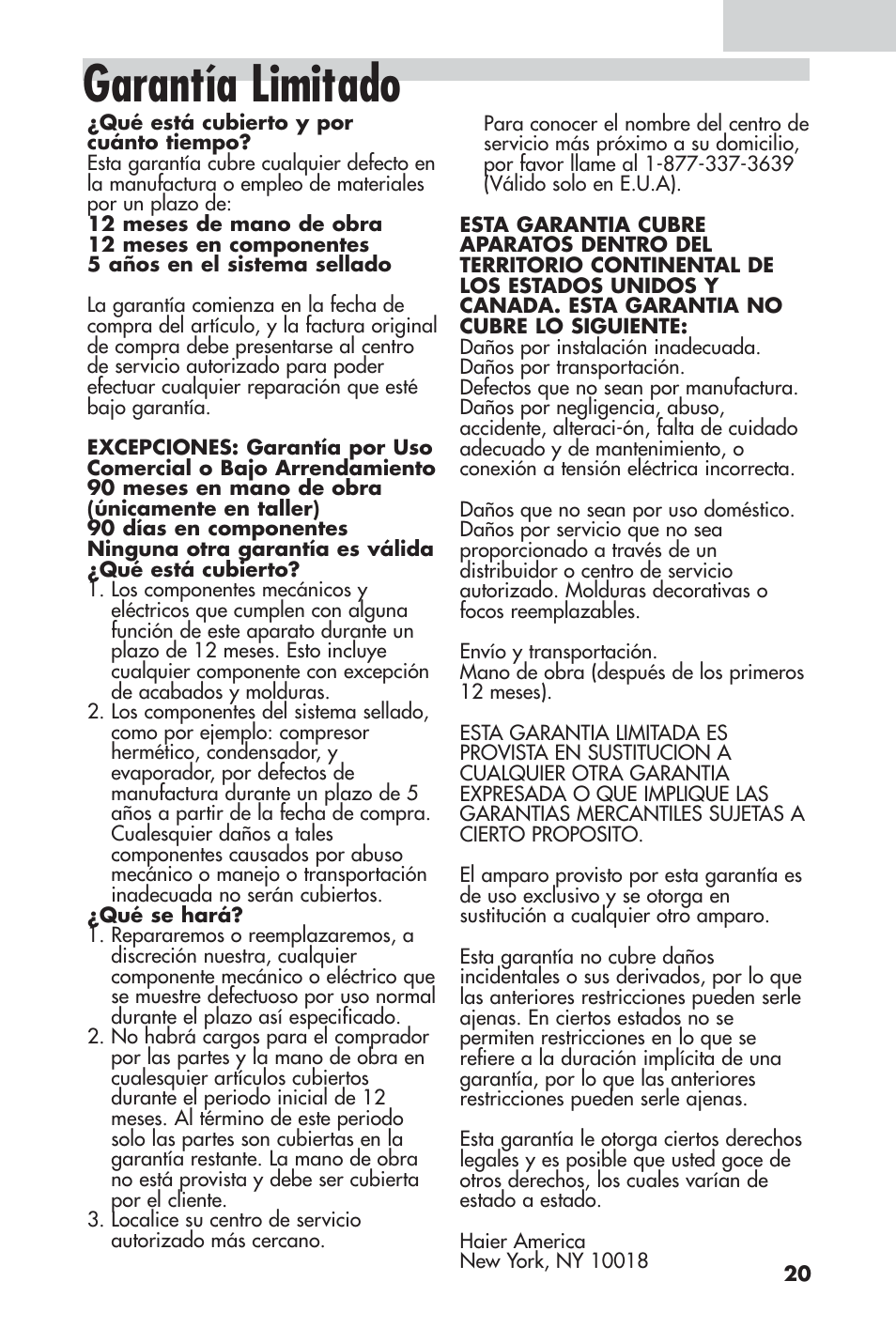 Garantía limitado | haier 16 User Manual | Page 59 / 60