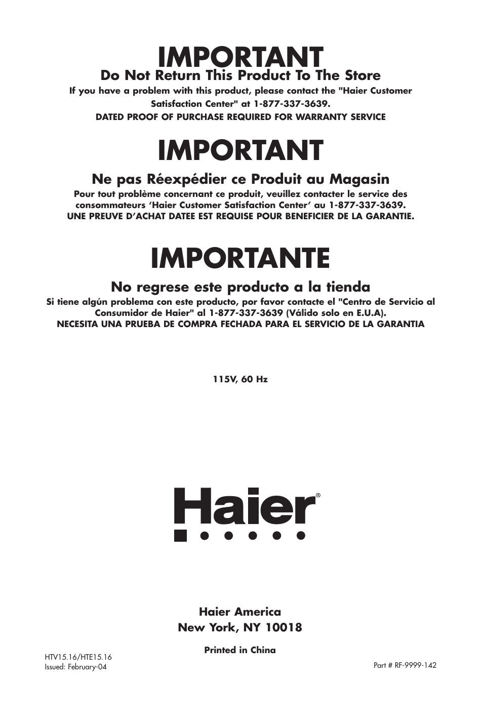 Important, Importante | haier 16 User Manual | Page 60 / 60