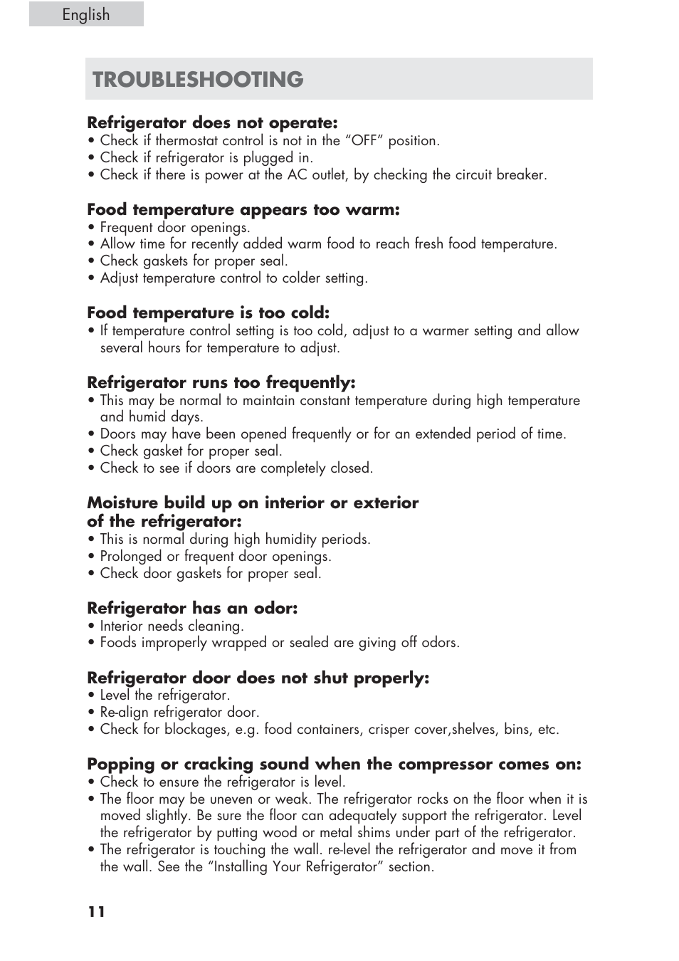 Troubleshooting | haier ECR1 7 User Manual | Page 12 / 38