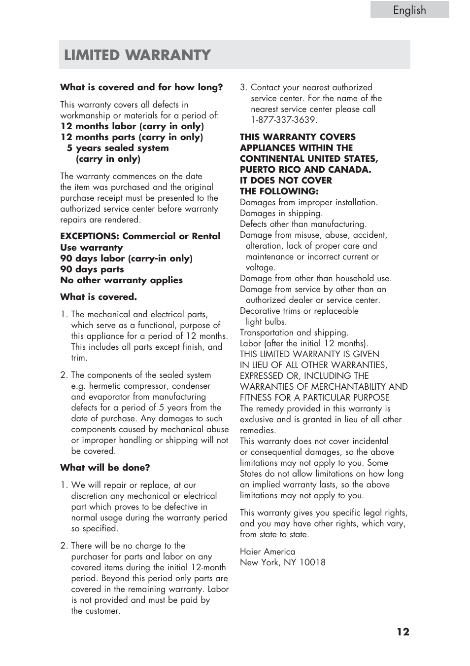 Limited warranty, English | haier ECR1 7 User Manual | Page 13 / 38