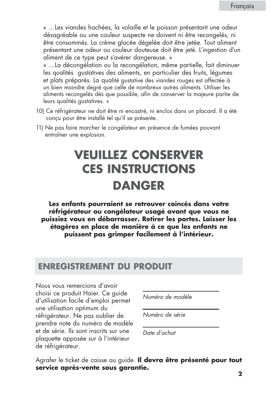 Veuillez conserver ces instructions danger, Enregistrement du produit | haier ECR1 7 User Manual | Page 15 / 38