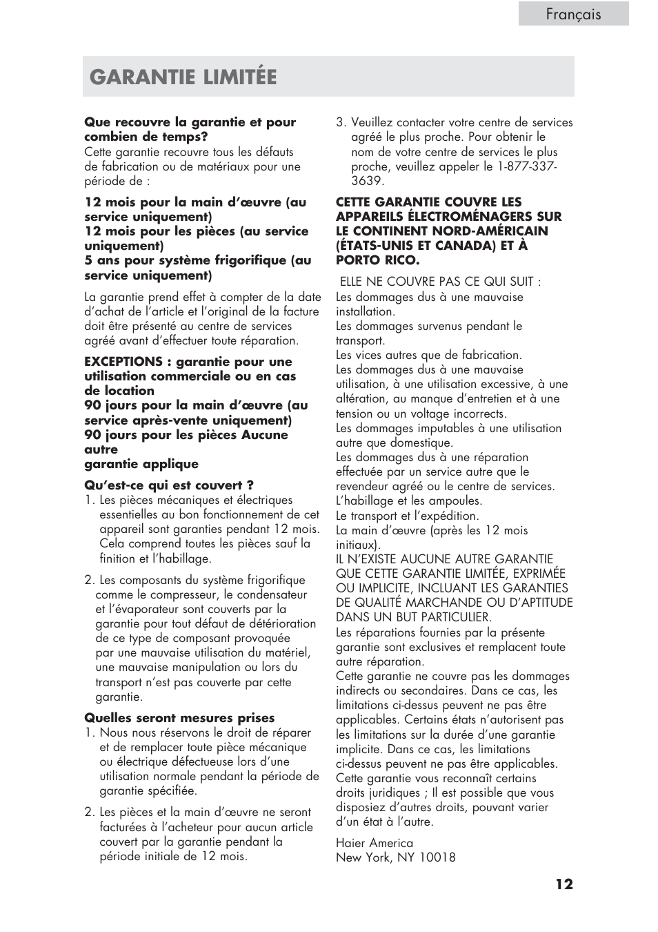 Garantie limitée, Français | haier ECR1 7 User Manual | Page 25 / 38