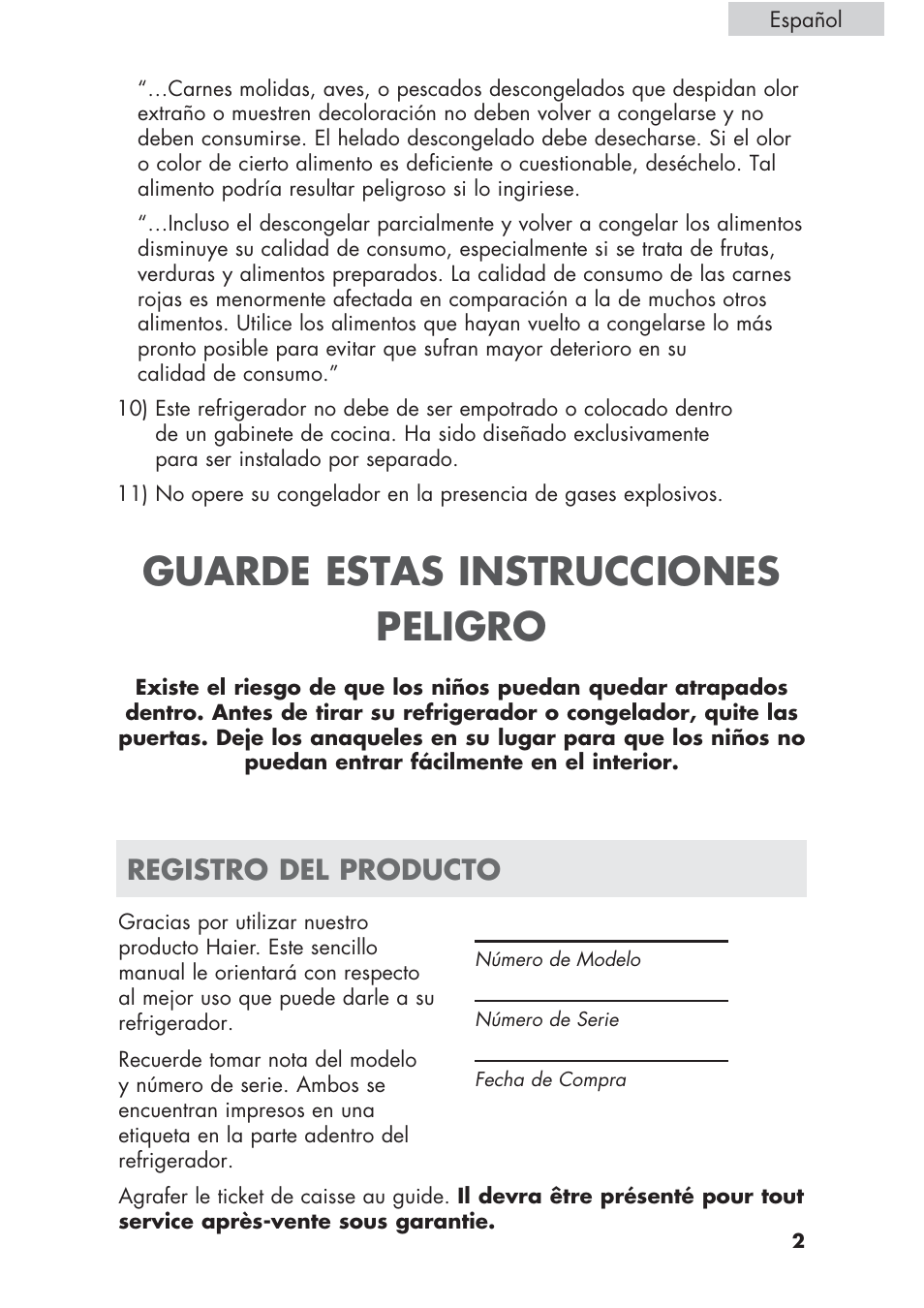 Guarde estas instrucciones peligro, Registro del producto | haier ECR1 7 User Manual | Page 27 / 38