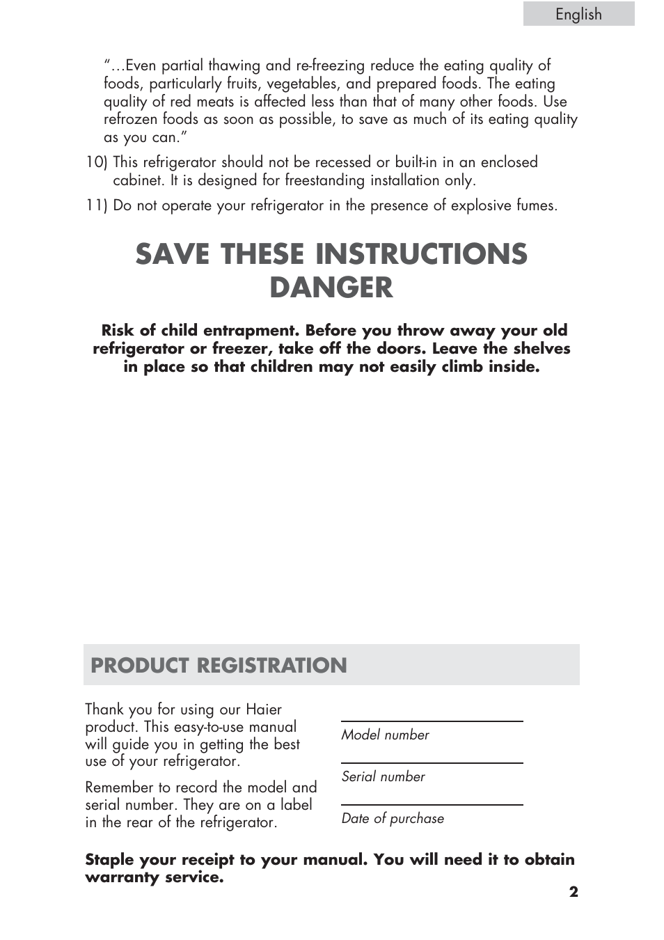 Save these instructions danger, Product registration | haier ECR1 7 User Manual | Page 3 / 38